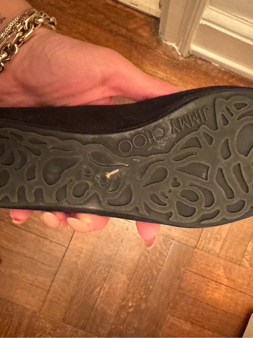 Jimmy Choo Black Suede Flats with Gold Crystal Toe Caps - Picture 4 of 6